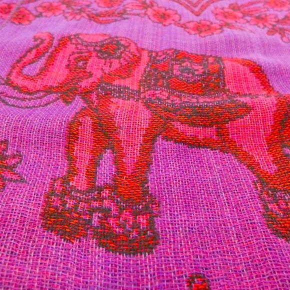 Silk Cashmere Scarf Pashmina Red Purple Thailand Embossed Elephant Good Luck NWT - Picture 4 of 7